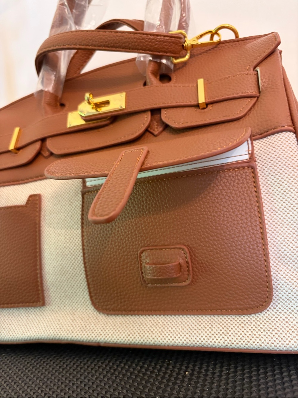 Structured vegan leather and canvas cargo top Handle Satchel - Picture 7 of 11